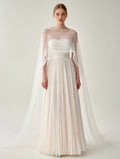 Elegant White Pleated Gown With Sheer Cape Overlay